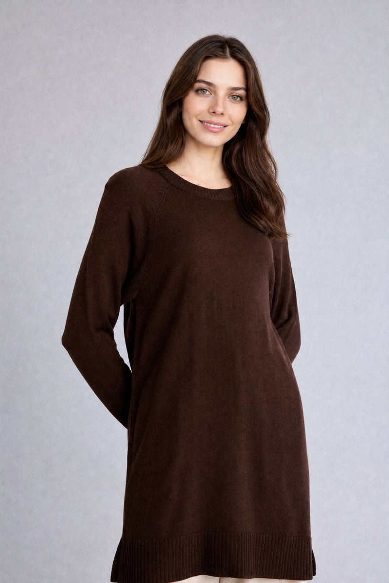 DeFacto Brown Woman Regular Fit Crew Neck Brown Knit Tunic Casual - Image 3