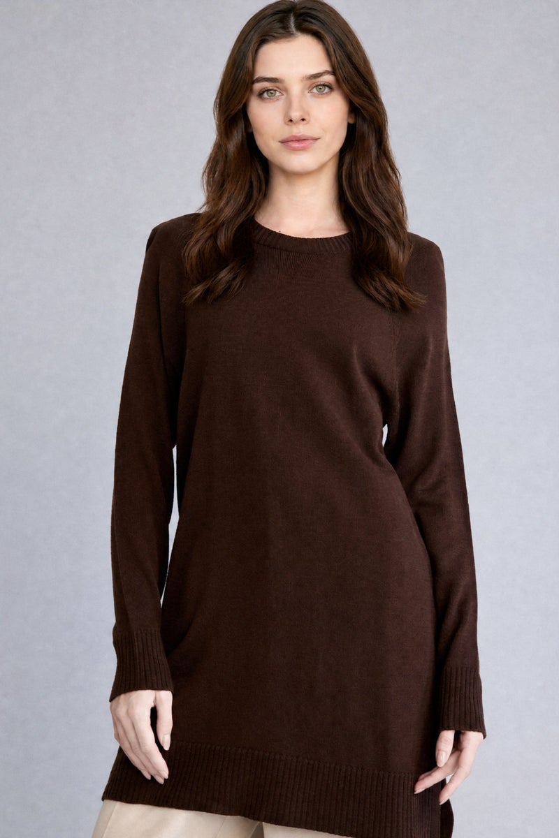 DeFacto Brown Woman Regular Fit Crew Neck Brown Knit Tunic Casual - Image 1