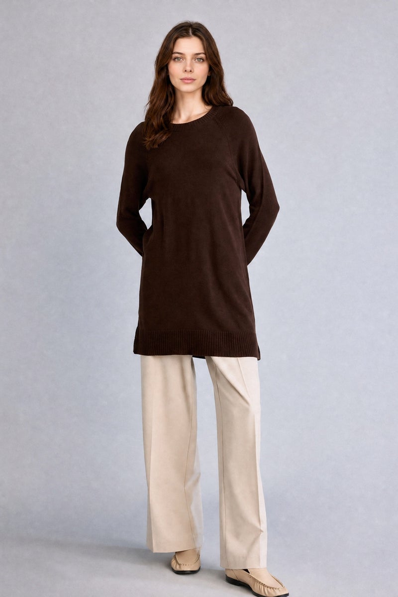 DeFacto Brown Woman Regular Fit Crew Neck Brown Knit Tunic Casual - Image 2