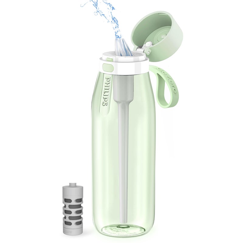 Philips زجاجة مياه فلتر PHILIPS، زجاجات مياه بلاستيكية خالية من BPA، تحل محل 450 زجاجة مياه بلاستيكية مع فلتر مياه GoZero القابل لإعادة الاستخدام، زجاجة تصفية محمولة للسفر، 36 أونصة، أخضر - Image 1