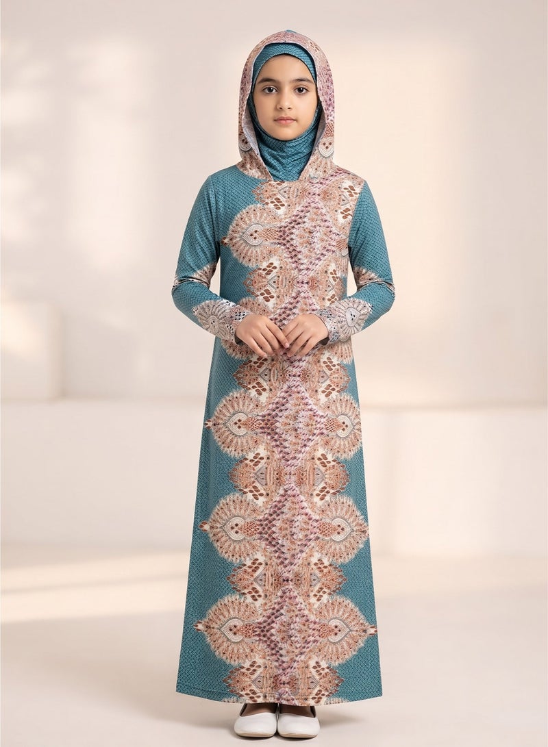 Kids Girls Prayer Esdall / Abaya Size 12 with Patterned Sleeves and Hood - Islamic Prayer Dress - Image 1