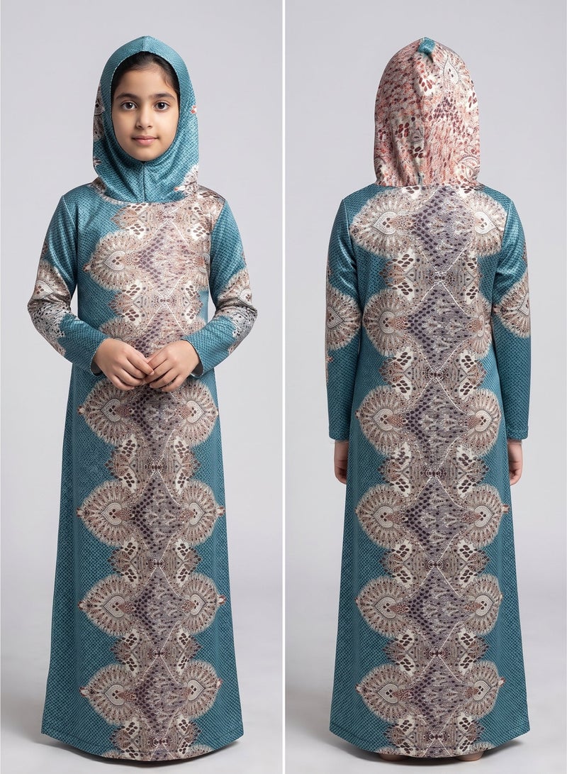 Kids Girls Prayer Esdall / Abaya Size 12 with Patterned Sleeves and Hood - Islamic Prayer Dress - Image 2