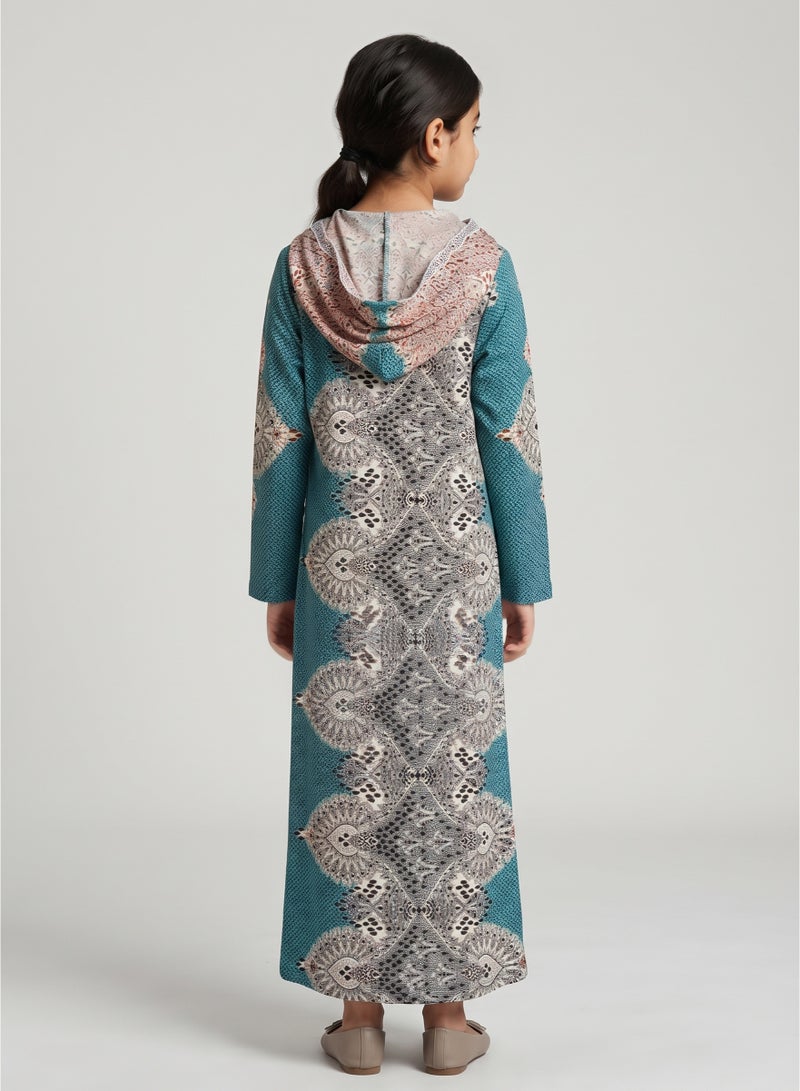 Kids Girls Prayer Esdall / Abaya Size 12 with Patterned Sleeves and Hood - Islamic Prayer Dress - Image 3
