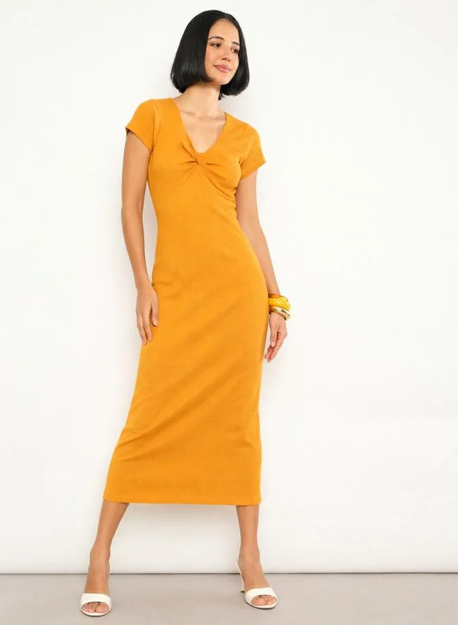 Sassafras Mustard Rib Front Twisted Midi Dress