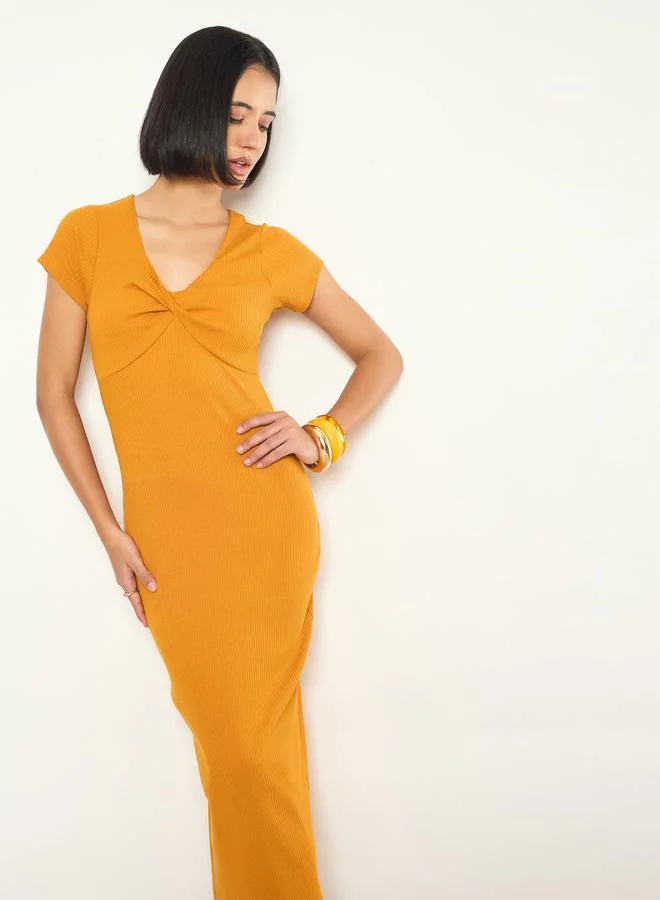 Sassafras Mustard Rib Front Twisted Midi Dress