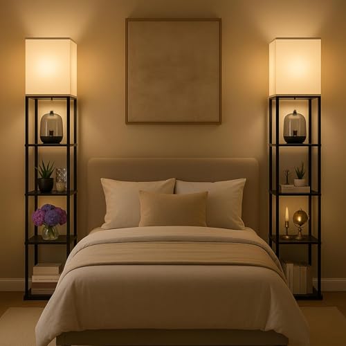 HOMIFLY 5 Tier Metal Floor Lamp with Wooden Shelves/Square Lamp with 3 Adjustable Color Mode/Corner Display Book & Vase Shelf/Standing Night Lamps for Living-Study Room/Home Decor/Bedroom(Black) - Image 2