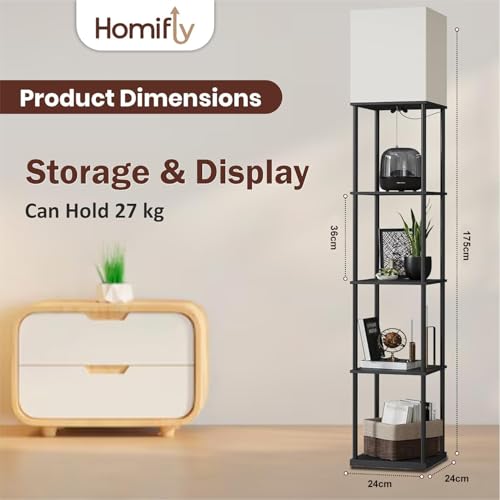HOMIFLY 5 Tier Metal Floor Lamp with Wooden Shelves/Square Lamp with 3 Adjustable Color Mode/Corner Display Book & Vase Shelf/Standing Night Lamps for Living-Study Room/Home Decor/Bedroom(Black) - Image 3