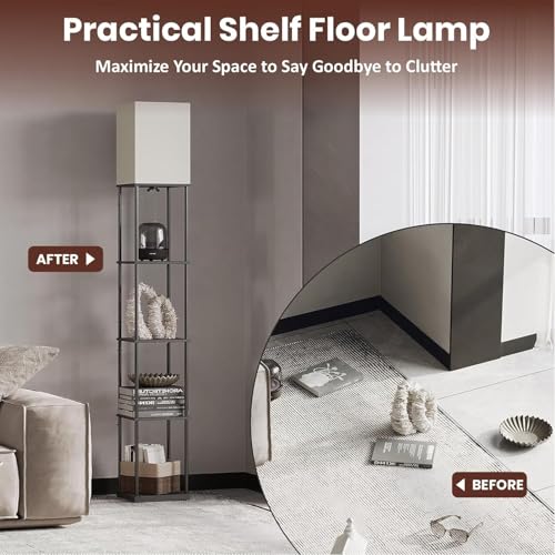 HOMIFLY 5 Tier Metal Floor Lamp with Wooden Shelves/Square Lamp with 3 Adjustable Color Mode/Corner Display Book & Vase Shelf/Standing Night Lamps for Living-Study Room/Home Decor/Bedroom(Black) - Image 5