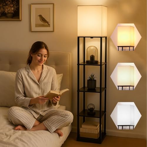 HOMIFLY 5 Tier Metal Floor Lamp with Wooden Shelves/Square Lamp with 3 Adjustable Color Mode/Corner Display Book & Vase Shelf/Standing Night Lamps for Living-Study Room/Home Decor/Bedroom(Black) - Image 1