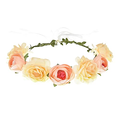 June Bloomy Women Rose Floral Crown Hair Wreath Leave Flower Headband with Adjustable Ribbon (Champagne) - Image 2