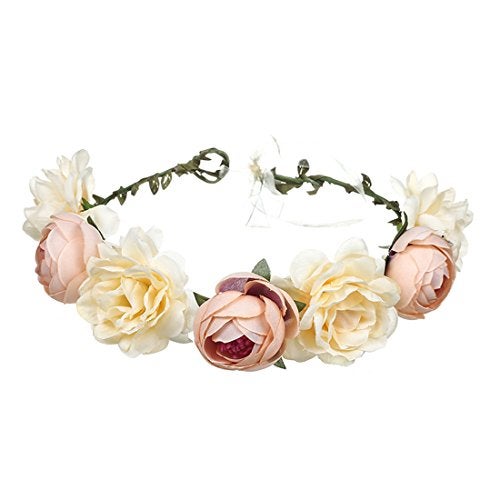 June Bloomy Women Rose Floral Crown Hair Wreath Leave Flower Headband with Adjustable Ribbon (Champagne) - Image 1
