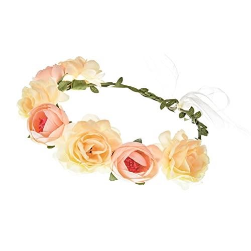 June Bloomy Women Rose Floral Crown Hair Wreath Leave Flower Headband with Adjustable Ribbon (Champagne) - Image 3