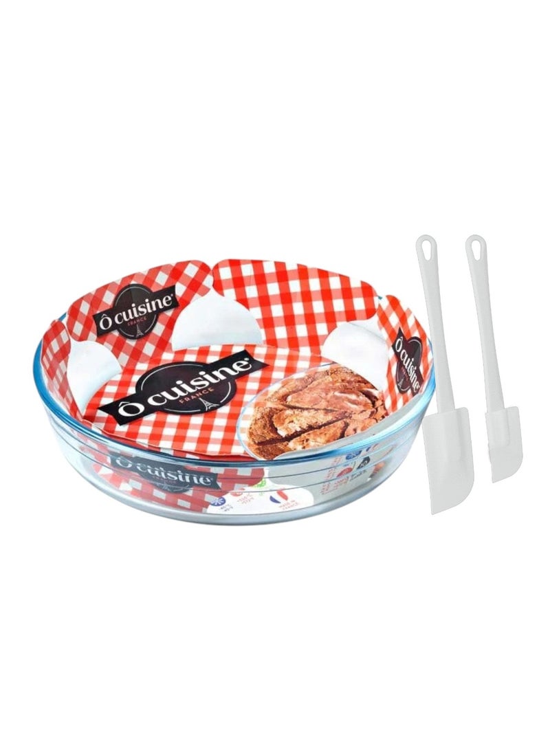O'Cuisine ÔCuisine Round Cake Dish 1.5L Borosilicate Glass + Free Metaltex Set of 2 Whippy Pastry Spatulas 24cm | Durable & Elegant Baking Set  - Image 1