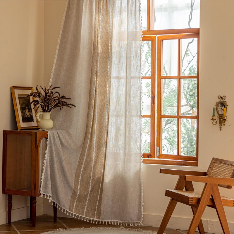 Sutuo Home Boho Curtains 84 inches Long for Living Room Dining Room,Light Filtering Farmhouse Vintage Chic Tassels Window Treatment Bohemian Privacy Drape Decor, Rod Pocket 1 Panel 52" W, Khaki Linen - Image 1