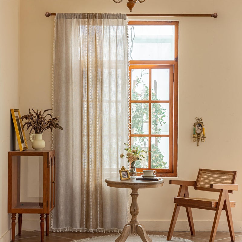 Sutuo Home Boho Curtains 84 inches Long for Living Room Dining Room,Light Filtering Farmhouse Vintage Chic Tassels Window Treatment Bohemian Privacy Drape Decor, Rod Pocket 1 Panel 52" W, Khaki Linen - Image 2
