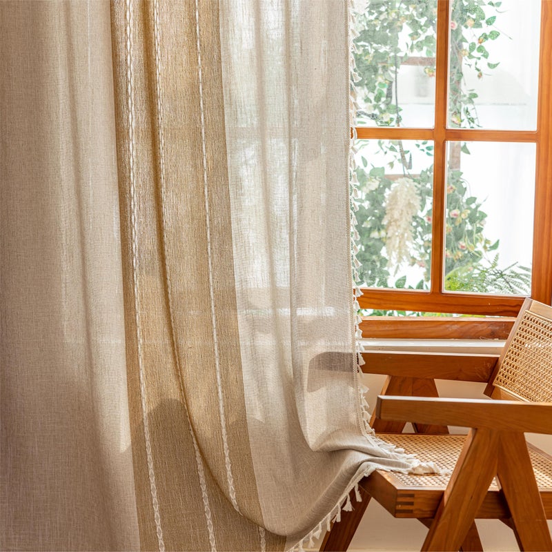 Sutuo Home Boho Curtains 84 inches Long for Living Room Dining Room,Light Filtering Farmhouse Vintage Chic Tassels Window Treatment Bohemian Privacy Drape Decor, Rod Pocket 1 Panel 52" W, Khaki Linen - Image 3