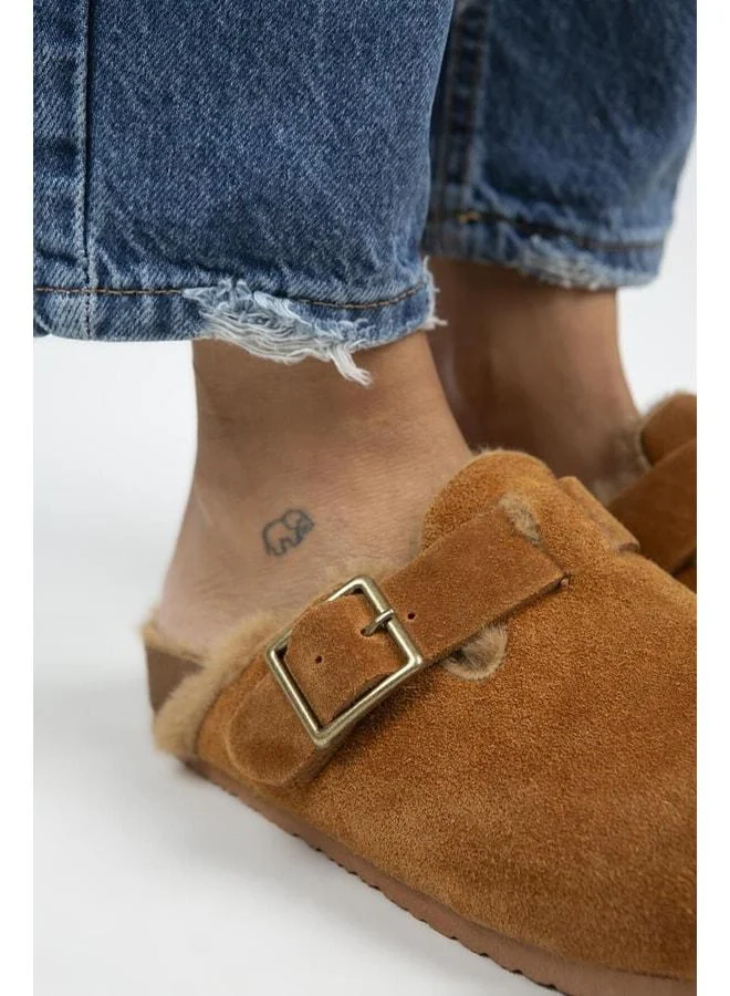 Manijero  Zeta Women's Fur-Lined Genuine Leather Slippers with Oxidized Buckle and Belt, Tan-Tan - Brown for Women | Best Price UAE
