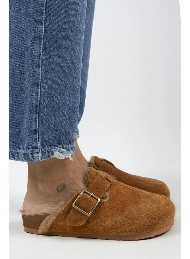 Zeta Women's Fur-Lined Genuine Leather Slippers with Oxidized Buckle and Belt, Tan-Tan - Brown