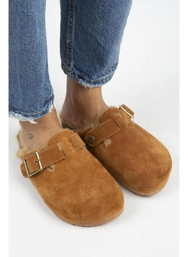 Manijero  Zeta Women's Fur-Lined Genuine Leather Slippers with Oxidized Buckle and Belt, Tan-Tan - Brown for Women | Best Price UAE
