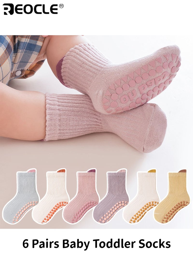 REOCLE 6 Pairs Baby's Cartoon Learning Socks with Soft Sole and Anti-Slip Design Baby Toddler Socks with Gripper Bottom for Indoor Home Daily Use - Image 1