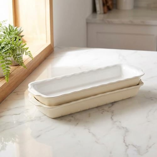 Creativity Home 15" x 3.5" Ceramic Loaf pan, Set of 2, 27 OZ Rectangle Bakeware Baking Supplies Heritage Loaf Pan - Relatively long, for Cake Bread Meatloaf and More, Cream olor - Image 4