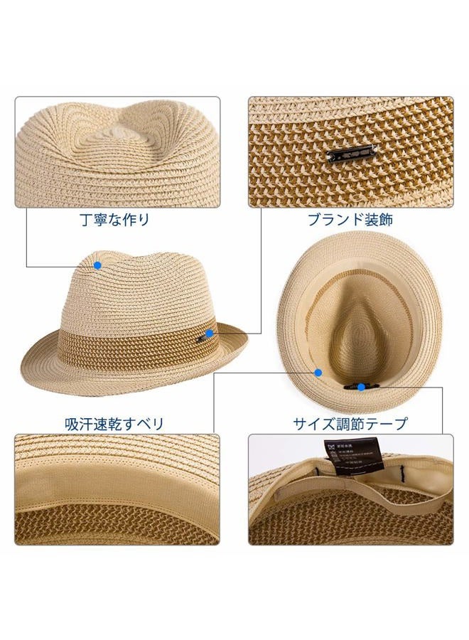 Fancet Mens Straw Panama Fedora Packable Sun Summer Beach Hat Trilby Women Beige M, 16010-beige, M - Image 4