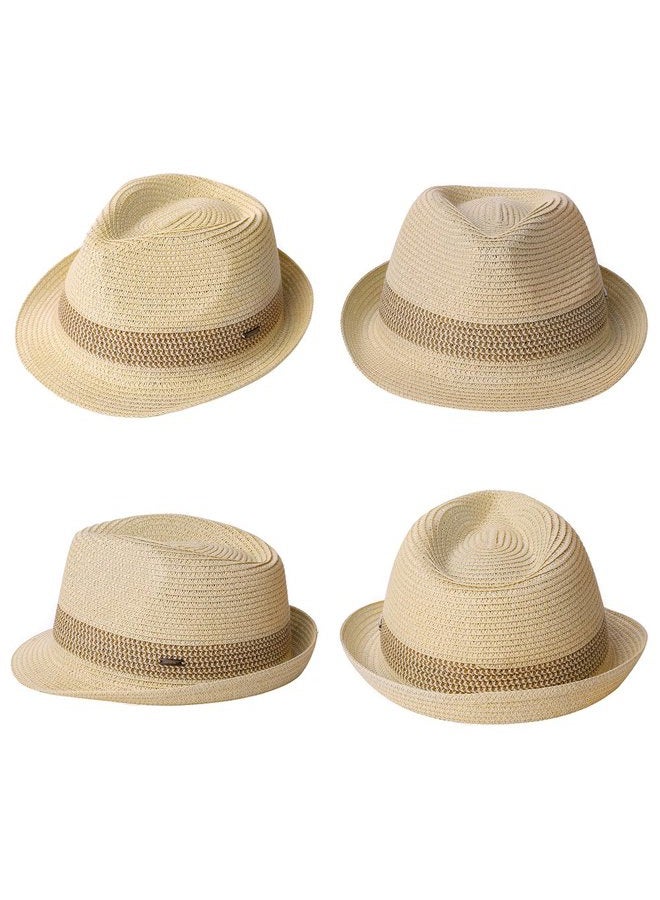 Fancet Mens Straw Panama Fedora Packable Sun Summer Beach Hat Trilby Women Beige M, 16010-beige, M - Image 3