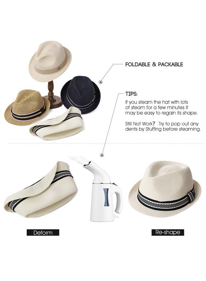 Fancet Mens Straw Panama Fedora Packable Sun Summer Beach Hat Trilby Women Beige M, 16010-beige, M - Image 5
