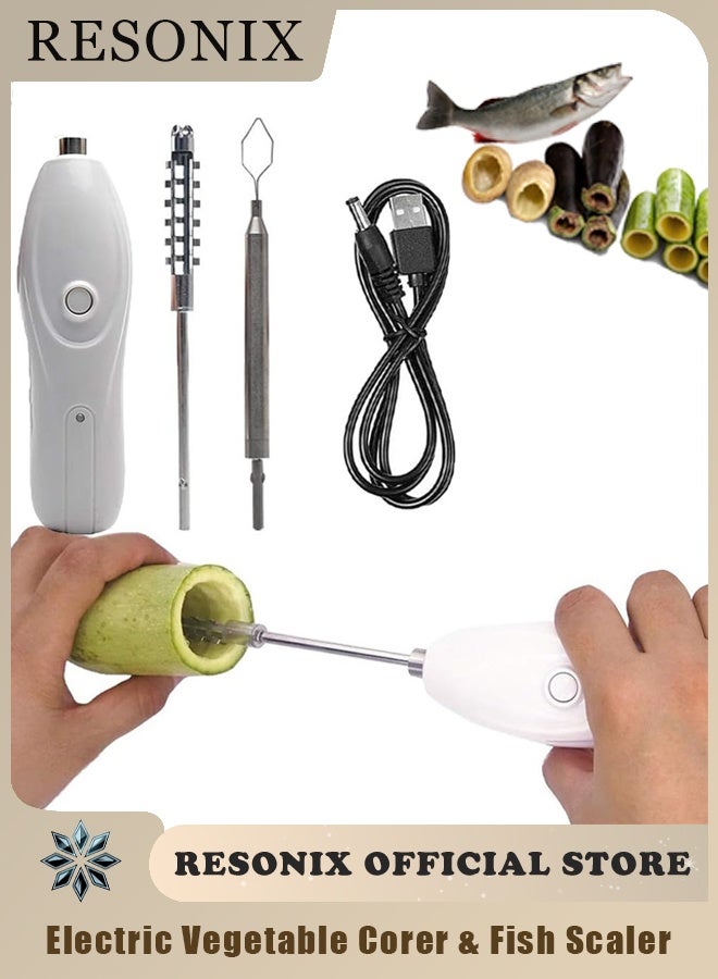 ريزونيكس أداة كهربائية لاسلكية 2 في 1 لتقشير الخضار والأسماك - قابلة لإعادة الشحن، مصنوعة من الفولاذ المقاوم للصدأ، مع رؤوس قابلة للتبديل للكوسا والفلفل والفواكه والمأكولات البحرية - Image 1