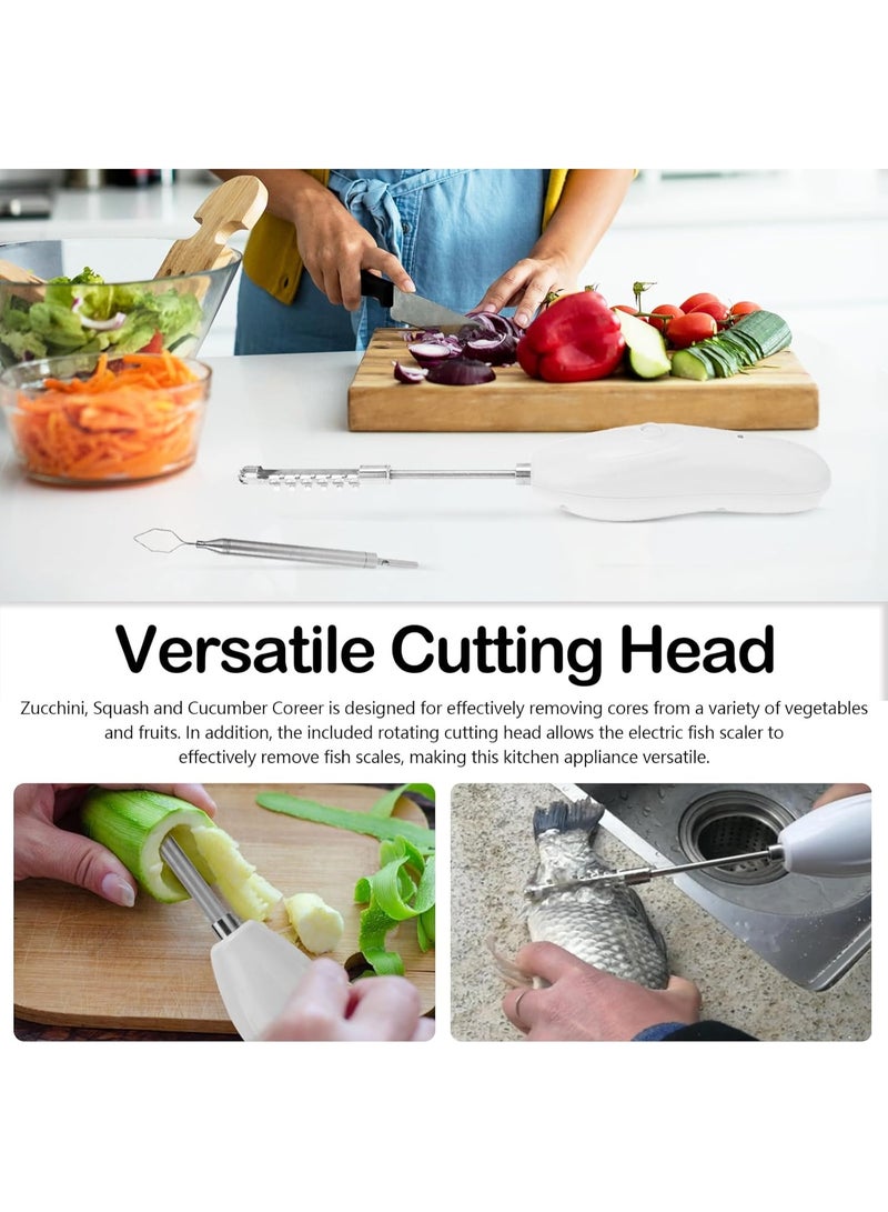 ريزونيكس أداة كهربائية لاسلكية 2 في 1 لتقشير الخضار والأسماك - قابلة لإعادة الشحن، مصنوعة من الفولاذ المقاوم للصدأ، مع رؤوس قابلة للتبديل للكوسا والفلفل والفواكه والمأكولات البحرية - Image 2