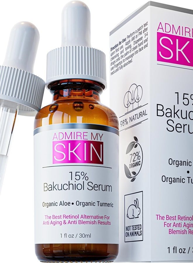 Admire My Skin 15% Bakuchiol Serum Natural Retinol Serum Alternative for Face – Anti Blemish Anti Aging Facial Serum Contains Organic Aloe + Turmeric Super Potent Antioxidant Serum for Youthful Glowing Skin 1oz  - Image 1