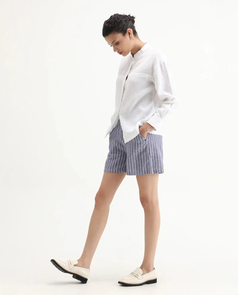 Rareism Women's Linen Stripe Tailored Bermudas