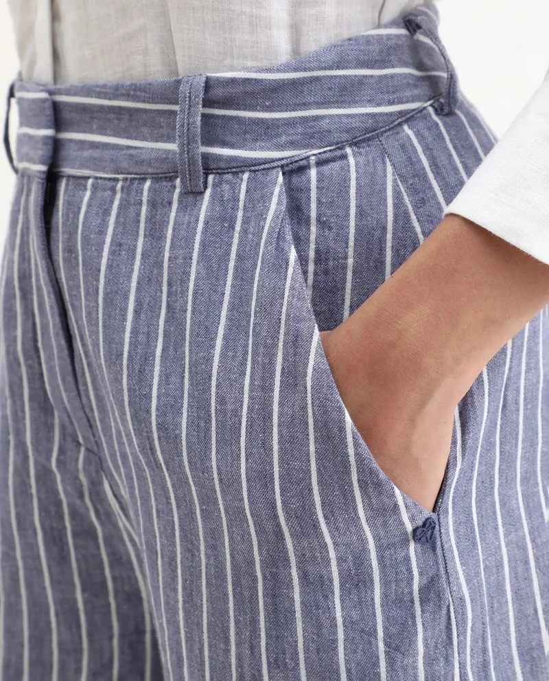 Rareism Women's Linen Stripe Tailored Bermudas