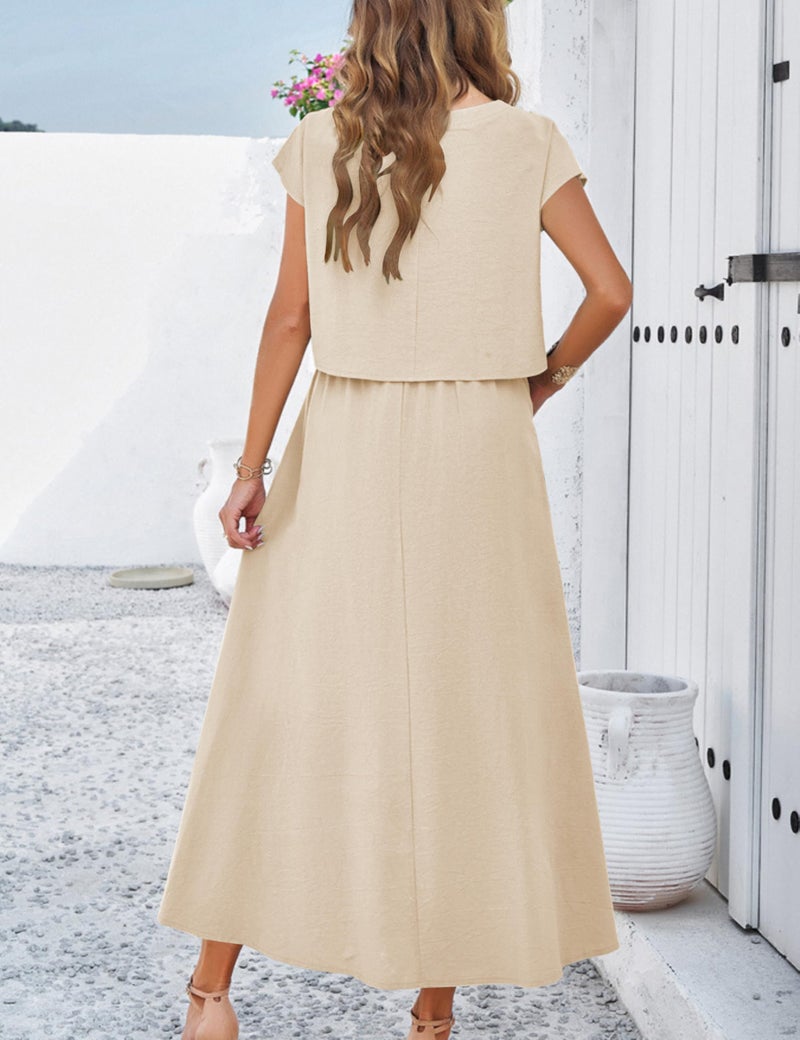HangNiFang Summer Skirt Sets Women 2 Piece Outfits Cap Sleeve Top Elastic Waist Maxi Dress Sets with Pockets(1218-Khaki-XL) - Image 4