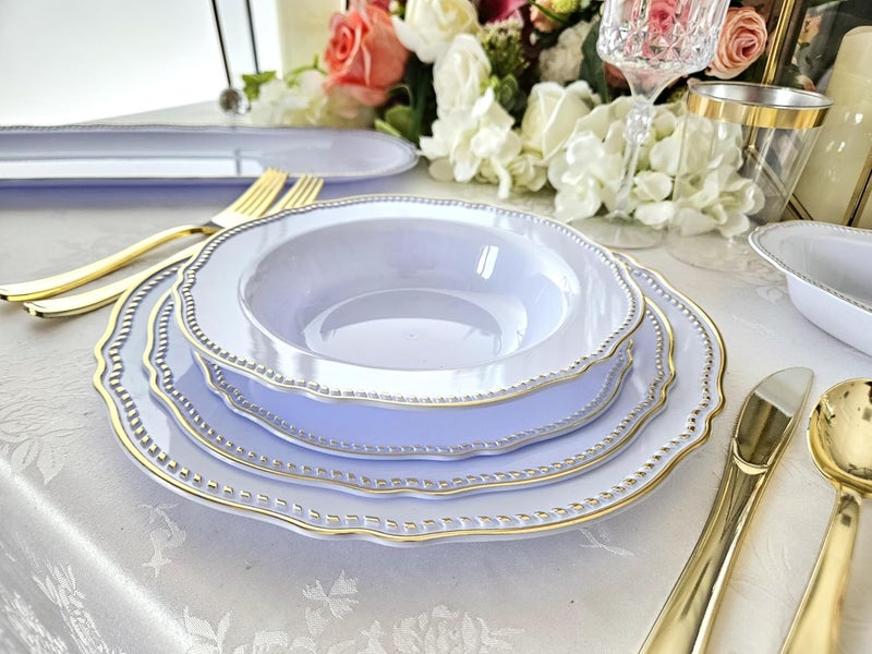 OCCASIONS FINEST PLASTIC TABLEWARE " OCCASIONS " 50 Plates Pack (25 Guests)-Heavyweight Wedding Party Disposable Plastic Plate Set -25 x 10.25'' Dinner + 25 x 7.5'' Salad/dessert plates (Rochelle Blue and Gold) - Image 3