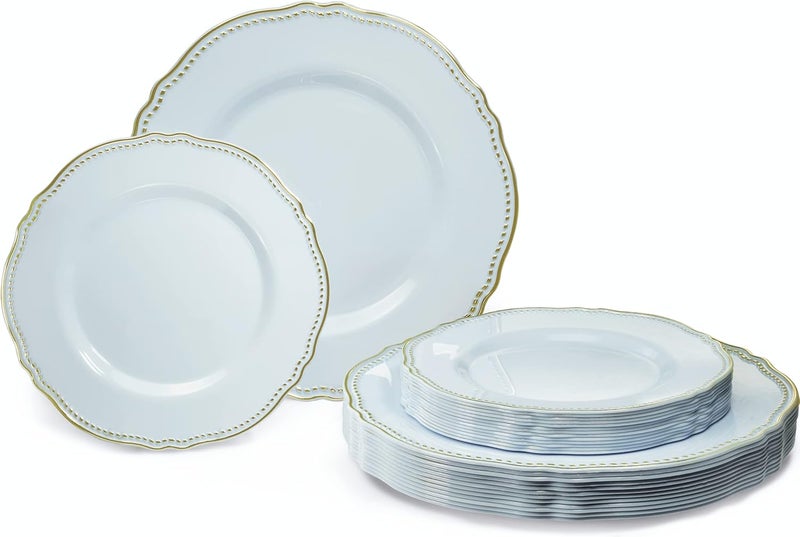 OCCASIONS FINEST PLASTIC TABLEWARE " OCCASIONS " 50 Plates Pack (25 Guests)-Heavyweight Wedding Party Disposable Plastic Plate Set -25 x 10.25'' Dinner + 25 x 7.5'' Salad/dessert plates (Rochelle Blue and Gold) - Image 1