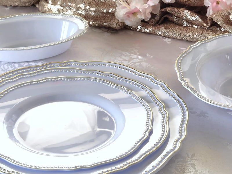 OCCASIONS FINEST PLASTIC TABLEWARE " OCCASIONS " 50 Plates Pack (25 Guests)-Heavyweight Wedding Party Disposable Plastic Plate Set -25 x 10.25'' Dinner + 25 x 7.5'' Salad/dessert plates (Rochelle Blue and Gold) - Image 5