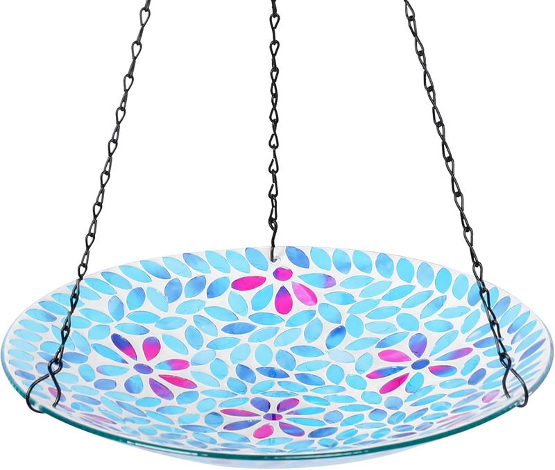 VCUTEKA Hanging Bird Bath, Glass Mosaic Bird Baths for Outdoors Birdfeeder with 21 inch Rust-Proof Chain for Garden Yard Decor, Flower - Image 1