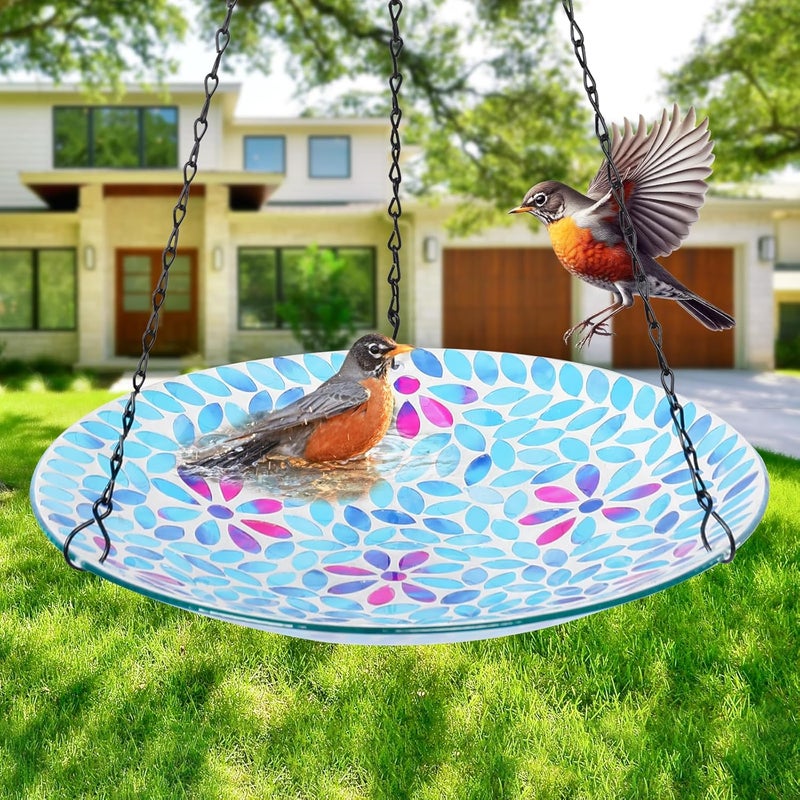 VCUTEKA Hanging Bird Bath, Glass Mosaic Bird Baths for Outdoors Birdfeeder with 21 inch Rust-Proof Chain for Garden Yard Decor, Flower - Image 2