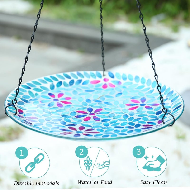 VCUTEKA Hanging Bird Bath, Glass Mosaic Bird Baths for Outdoors Birdfeeder with 21 inch Rust-Proof Chain for Garden Yard Decor, Flower - Image 4