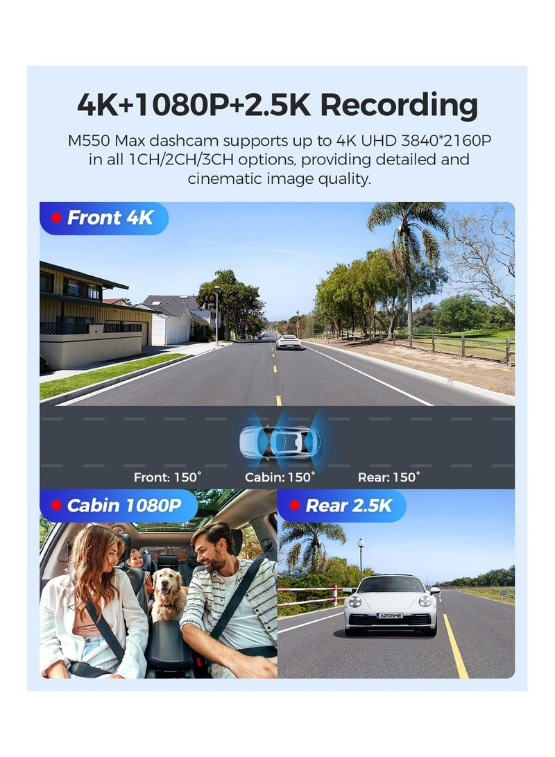 AZDOME AZDOME M550 Max 4K 3 Channel Dash Cam, Dual STARVIS Sensors, 4K+2.5K+1080P Front and Rear Inside Triple Car Camera, Built-in WiFi GPS, 64GB Card Included, IR Night Vision, WDR, 24H Parking Mode - Image 3
