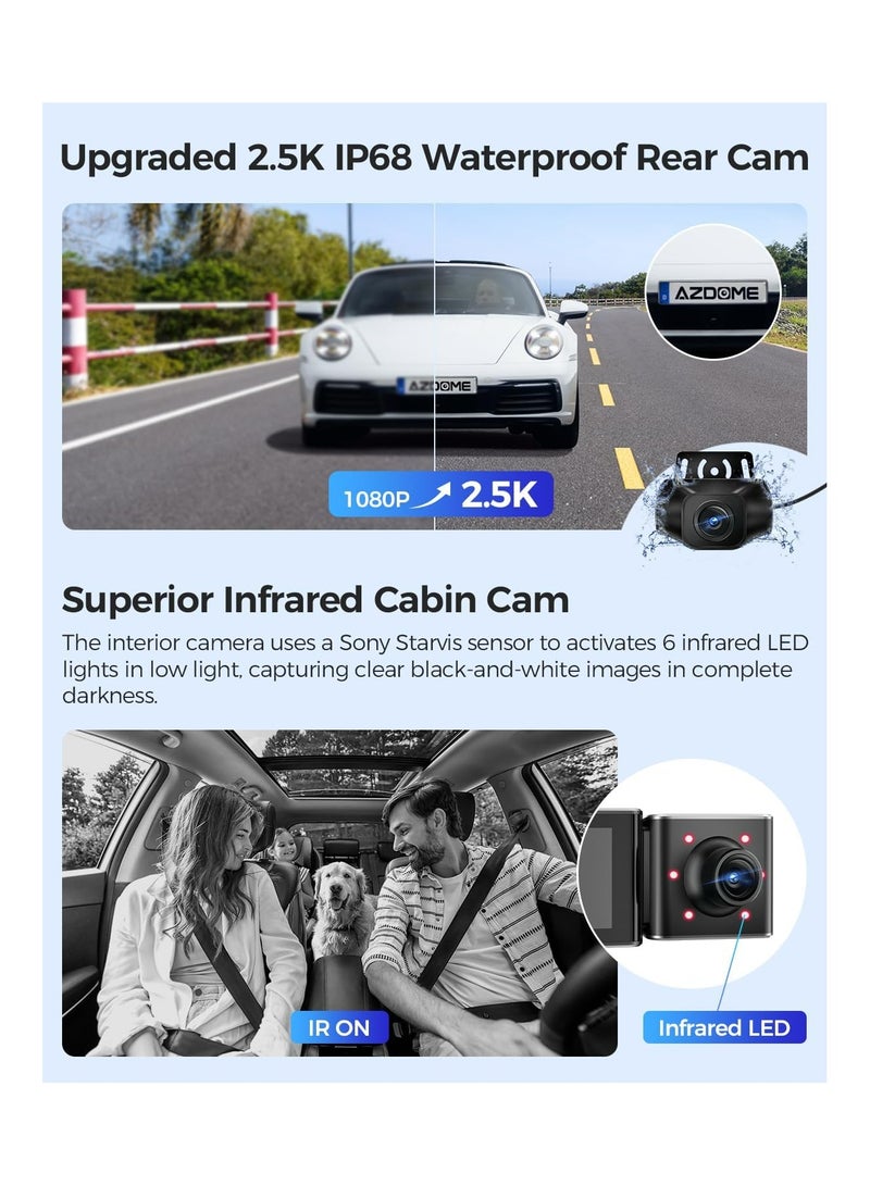 AZDOME AZDOME M550 Max 4K 3 Channel Dash Cam, Dual STARVIS Sensors, 4K+2.5K+1080P Front and Rear Inside Triple Car Camera, Built-in WiFi GPS, 64GB Card Included, IR Night Vision, WDR, 24H Parking Mode - Image 4