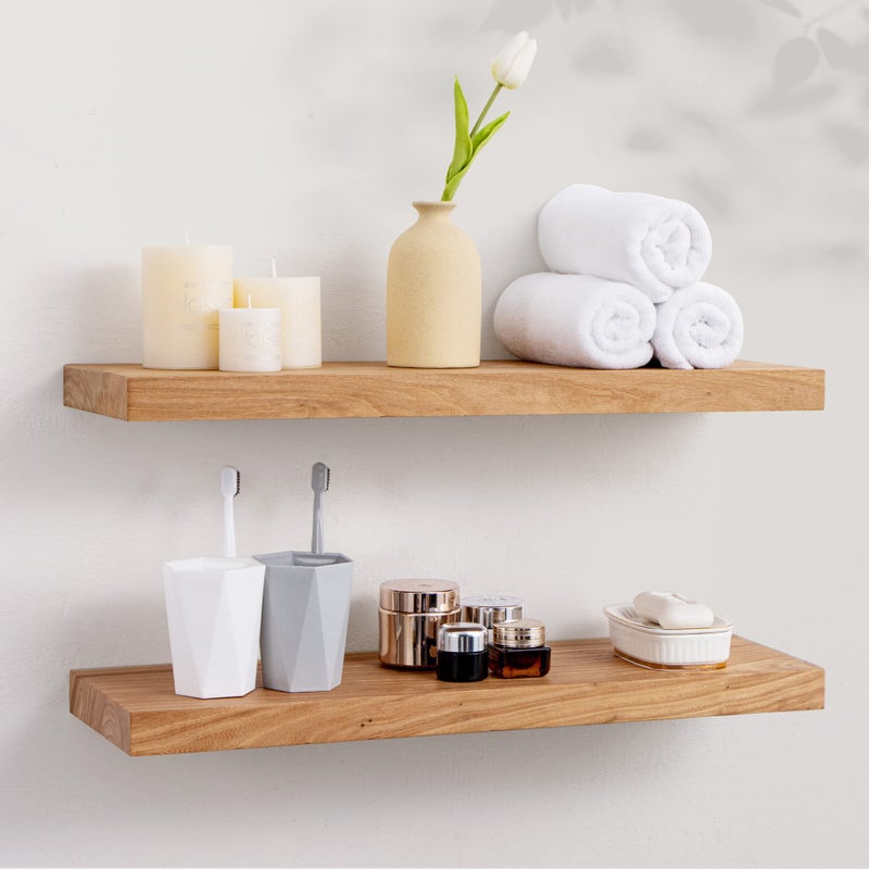 Axeman Floating Shelves for Wall 24W x 8 D Rustic Solid Elm Wood Shelves for Storage Wall Mounted Display Shelving with Invisible HeavyDuty Metal Bracket Natural 2PCs