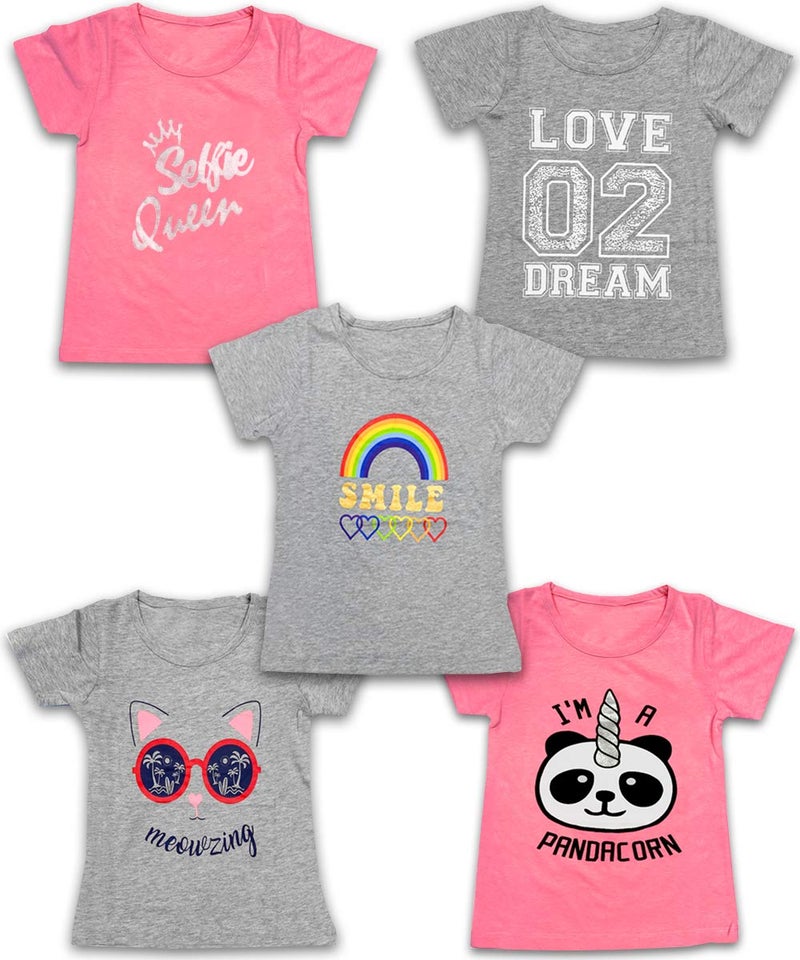 Girls 5Pack Printed TShirts Pink Grey Short Sleeve Crew Neck Unicorn Panda Selfie Rainbow Cute Designs Combo A 1416