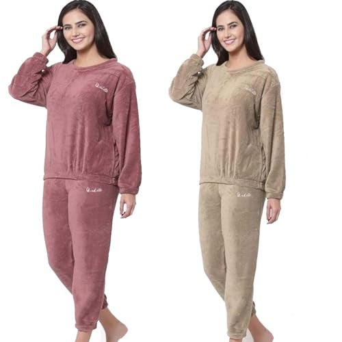 Ukal Combo Pack of 2 Women Winter Nightsuit Ladies Fur Nightwear Warm Night Suit Girls Pyjama Women's Top Pajama Pants Regular Fit Pyjama Set (S, Maroon_Brown) - Image 1