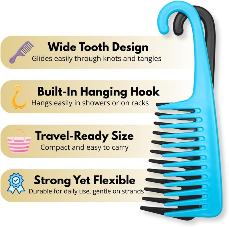 Glitters Wide Tooth Shower Comb with Hook, 2 Pack - Black and Blue - Image 3
