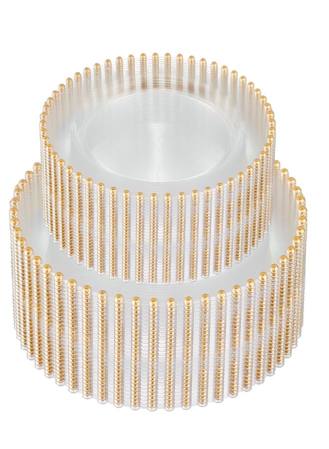 PLASTICPRO 64 Piece Combo Plastic Dinner Plates Disposable Plastic Fancy Heavy Duty Party Dishes 7 inch and 10 inch, Clear and Gold Beaded - Image 1