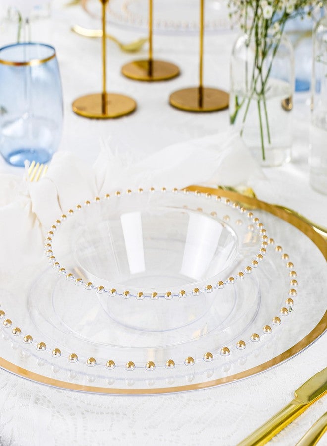 PLASTICPRO 64 Piece Combo Plastic Dinner Plates Disposable Plastic Fancy Heavy Duty Party Dishes 7 inch and 10 inch, Clear and Gold Beaded - Image 4