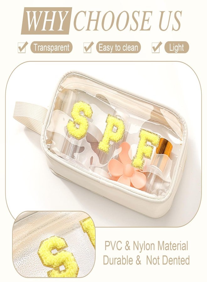 Kacctyen Clear Beach Swim Spf Makeup Bag Preppy Chenille Letter Cosmetics Bag Nylon Toiletry Bag Waterproof Monogram Makeup Travel Pouch Snack Bags for Women(White,Spf) - Image 3