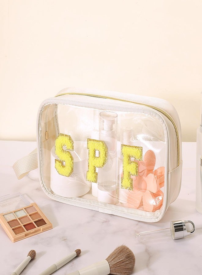 Kacctyen Clear Beach Swim Spf Makeup Bag Preppy Chenille Letter Cosmetics Bag Nylon Toiletry Bag Waterproof Monogram Makeup Travel Pouch Snack Bags for Women(White,Spf) - Image 4